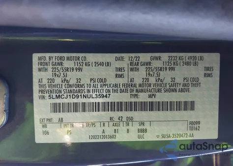 2022 Lincoln Corsair Standard from USA, damaged, VIN 5LMCJ1D91NUL35947